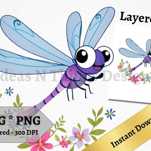 Dragonfly SVG and PNG Cute Instant Download For Crafts Printable Wall Art Floral Dragonfly Clipart Layered, Print on Demand, Commercial Use