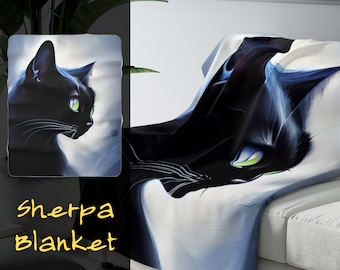 Gorgeous Black Cat Sherpa Fleece Blanket Gift for Cat Owner