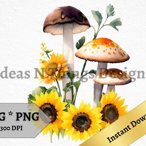 Sonnenblume und Pilz SVG und PNG sofortiger Download für Handwerk, druckbare Wandkunst, Cottagecore für Print on Demand und kommerzielle Nutzung