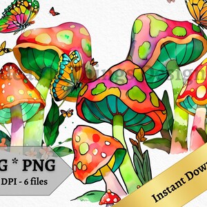 Mushroom SVG and PNG Instant Download For Crafts, Printable Wall Art, Mushrooms and Butterflies for Print on Demand And Commercial Use