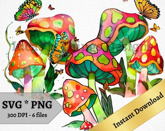 Mushroom SVG and PNG Instant Download For Crafts, Printable Wall Art, Mushrooms and Butterflies for Print on Demand And Commercial Use