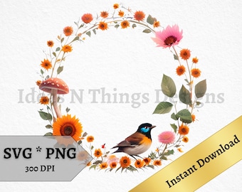 Mushroom SVG and PNG Sunflower Bird Wreath Instant Download For Crafts, Printable Wall Art, Clip Art for Print on Demand And Commercial Use