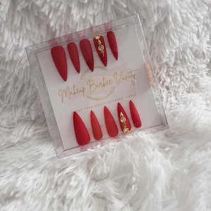Red Fake Nails | Matte Glossy | Hand Painted Press On Nails | Fake Nails | Stiletto Oval Almond Square Coffin Ballerina | Long Medium Short