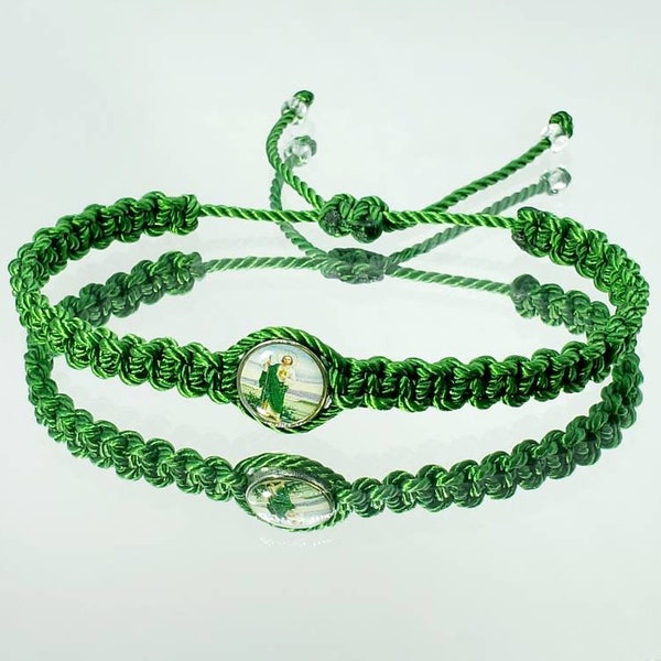 Saint Jude green string bracelet, green baided string evil eye protection wristband, good luck charm, adjustable, for man and woman