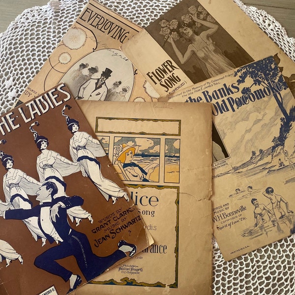 Bundle of 5 Antique Sheet Music Booklets from 1906-1926/Brown, Navy Blue Paper/Paper Crafting/Decoupage/Scrapbooking/Home Decor/Pretty Paper