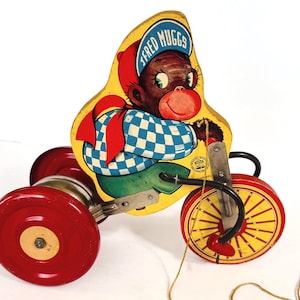1950s J. Fred Muggs Monkey Tricycle Pull Toy – N.N. Hill Brass Co. Collectible