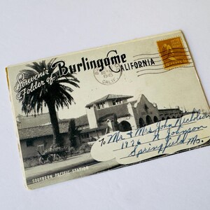 RARE pochette souvenir Burlingame California des années 40 avec 1 tampon 1/2/7 pages dépliantes avec 14 images/dossier 29 par Wayne Paper Box & Printing