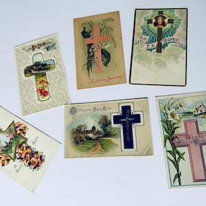 6 Antique Easter Post Cards with Crosses/Embossed/Ca. 1910s/Christianity/Religious/Resurrection/Decor/Scrapbooking/Junk Journal/Mixed Media