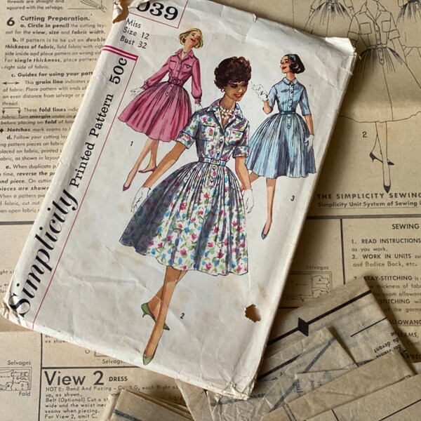 1950s Simplicity Pattern 3039/Size 12/©1959/Vintage Shirtwaist Dress/Softly Pleated Skirt/1950s Dress Pattern/Vintage Sewing