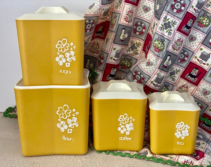 Vintage Yellow Canister Set of Four/1960s/flour/sugar/coffee/tea