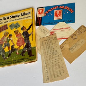 1950s My First Stamp Album, 318+ Stamps/Extra Ephemera/©1952/Stamp Collection/318 Stamps PLUS Envelopes of Stamps/The Fiery Throne ©1935