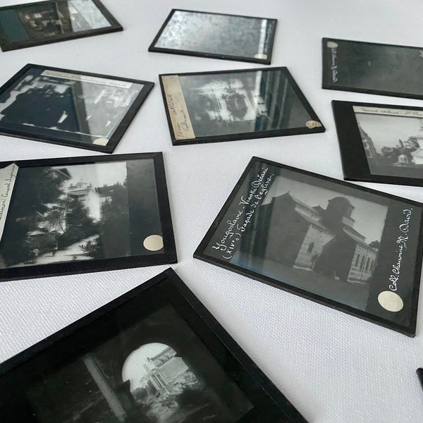 Glass Magic Lantern Slides, People and Places Selection/Framed in Metal/Antique Photography/Antique Slides/Black and White Photography