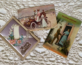 Antique Post Cards Lot of 3/Edwardian Era Post Cards/Happy Birthday/At the Sea/Romance/Ephemera/Scrapbook/Junk Journal/Mixed Media