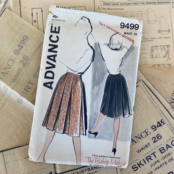 1960s Advance 9499 Skirt Pattern/©1960/The Bishop Method of Clothes Construction/Waist 26"/COMPLETE/Misses Pleated Skirt Pattern/Vintage