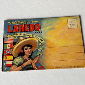 vintage Laredo Texas pochette souvenir @ 1937 Curt-Teich/La porte du Mexique/dossier papier cartonné lin/18 images papier lin/souvenirs Texas