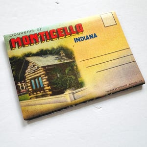 Vintage Monticello Indiana Souvenir Folder/Circa 1940s/Linen Card Stock Folder/18 Painted Effect Images/Vintage Travel Ephemera
