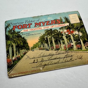 "Antike Fort Meyers Souvenir Ordner ""The Tropical Spot of Florida"" / circa 1920 / gebraucht / von C.T. & Co/9 Foldout Seiten mit 18 Bildern/Florida