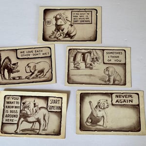 Lot de 5 cartes postales humoristiques sur le chien, 1910/Trois, Cachet de la poste, Cachet/Antiquité/Pensée à vous/Nous nous aimons/Patron par ici/Plus jamais ça