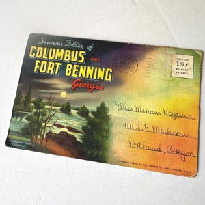 1940s Columbus and Fort Benning Georgia Souvenir Folder/Postmarked/©1941 Curt Teich Co/9 Foldout Pages, 18 Images/Linen Card Stock Folder