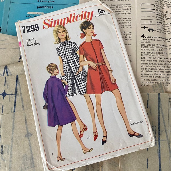 RARE 1960s Simplicity Pattern 7299/Junior Size 9/©1967/Vintage Pant Dress Pattern/Vintage PantDress/Scooter Dress