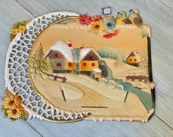 1950s-60s Western Germany Decoration Calendar Topper Seasons Homes/Watermill Birds Lacy Edge Embossed Pressed Paper/Die Cut German Pulp