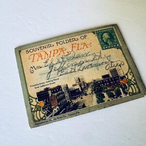 Antike Tampa Florida Mini Souvenir Ordner Von 1905/Antike 1 Cent Briefmarke/8 Ausklappbare Seiten mit 16 Bildern/Antike Automobile, Architektur