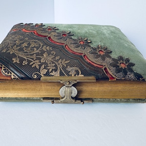 Antique Victorian Photo Album/Velvet Cover, Embossed Leather Overlay, Gold Gilt Accents,Page Edges/Metal Clasp/10.5x8.25&quot;/Antique Photos/Art
