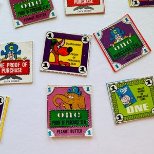 Vintage Cereal Box Proof of Purchase Seals Bundle of 17/Circa 1960s-90s/Cereal Collectibles/Cap&#39;n Crunch/Quangaroo/Quisp/Special K/Honeycomb