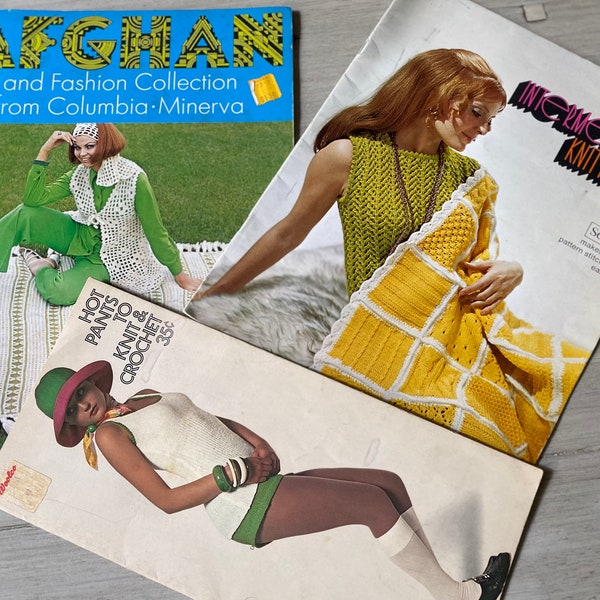 1970s Knitting and Crochet Pattern Books lot/Columbia-Minerva, Sears, Coats & Clarks/Hot Pants/Sweaters/Vests/Afghans/Dresses/Vintage