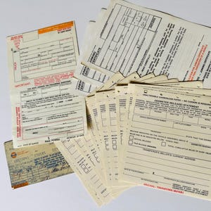 Vintage Auto Forms Bundle of 16/Ca. 1970s-80s/Carbonless Paper/Odometer Statements/ Junking Certificates/Registration Doc/Gulf Card Receipt