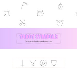 May include: A collection of minimalist line art tarot symbols, including a heart with a Venus symbol, a scythe, a sun, a lion, and a crescent moon. The image also features the text "TAROT SYMBOLS" with a transparent background.
