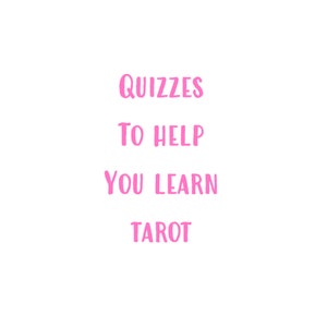 Pode incluir: Texto rosa em fundo branco que diz "Questionários para ajudar você a aprender Tarot".