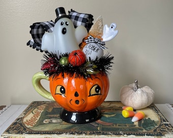 Decorated Jack-O-Lantern Cup, Halloween Pumpkin Decor, Halloween Tiered Tray Decor, Halloween Decorated Johanna Parker Jack O Lantern Cup