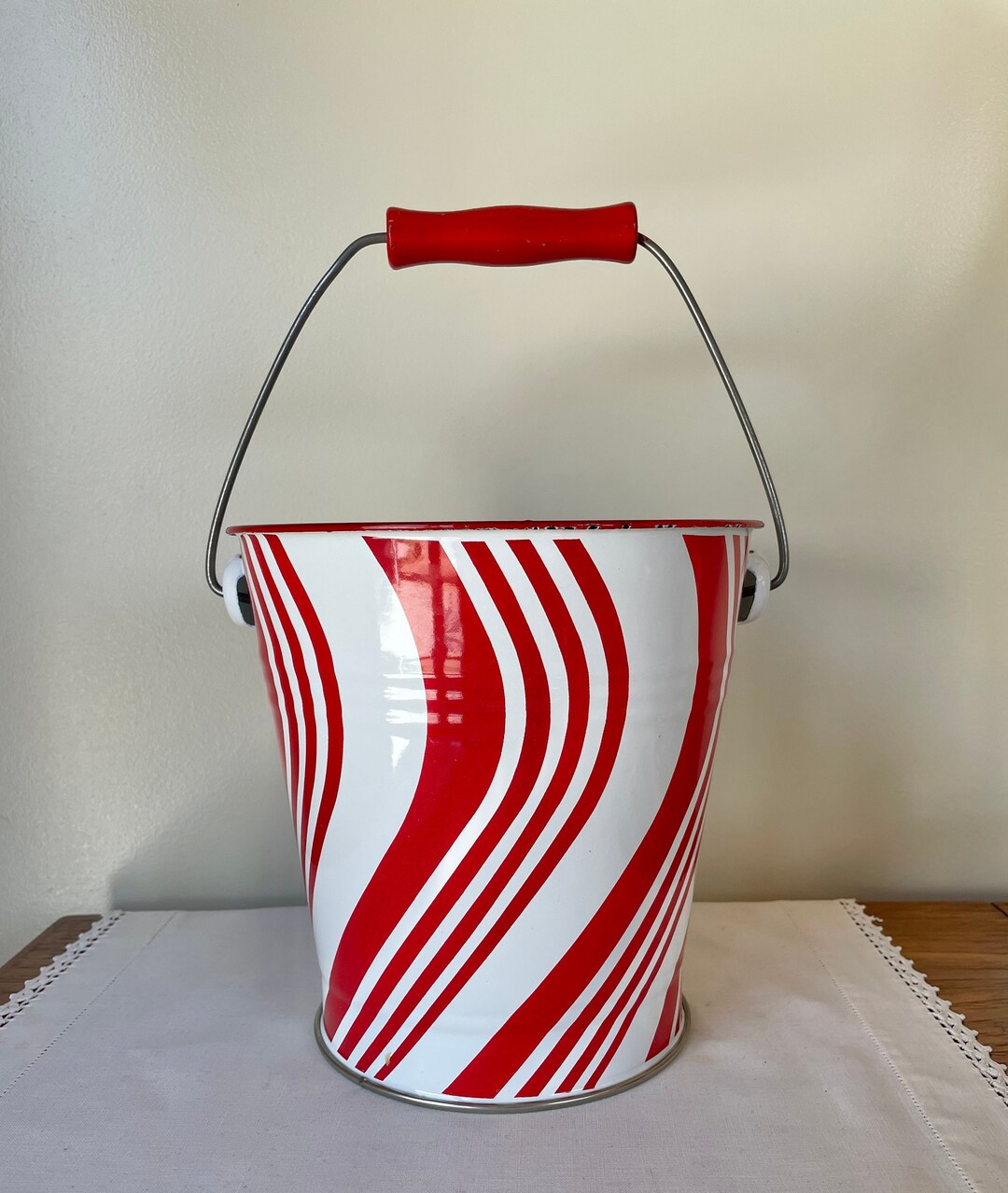 Vintage Red and White Striped Enamelware Bucket Pail, Vintage