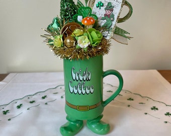 St. Patrick’s Day Decorated Vintage Enesco Footed Irish Coffee Cup, St. Patrick’s Day Tiered Tray Decor, Vintage Leprechaun Decoration