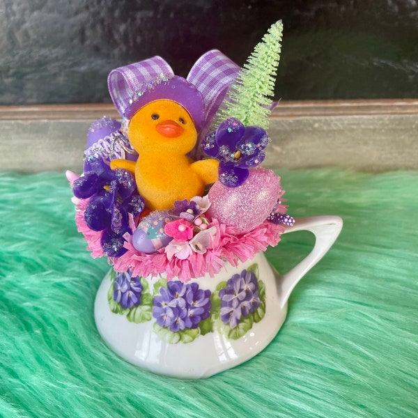 Easter Decorated Vintage Bavarian Creamer, Vintage Flocked Duck, Spring Tiered Tray Decor, Vintage Spring Decor, Vintage Easter Vignette