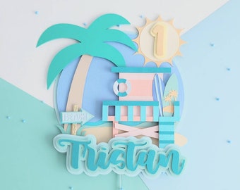 Personalized Surf Cake Topper: Beach Party Centerpiece