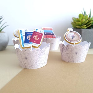 Envoltórios de cupcake de viagem, decorações de festa de viagem, festa de aniversário de viagem, decoração de festa temática de viagem, tema de férias
