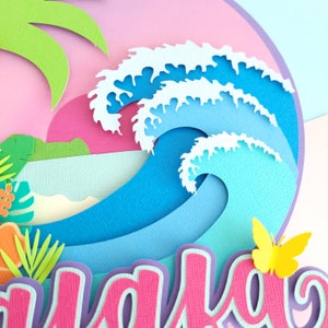 May include: A paper craft featuring a blue and white wave with a yellow butterfly on a pink background. The word "Aloha" is written in pink letters with purple outlines.