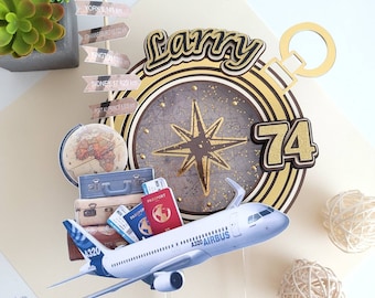 Personalized Travel Cake Topper: Airplane, Compass Birthday Party Decor