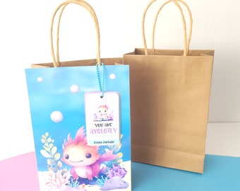 Axolotl Favor Bags with personalized tag, Axolotl Birthday Party, Goodie Bags, Cute Axolotl Theme