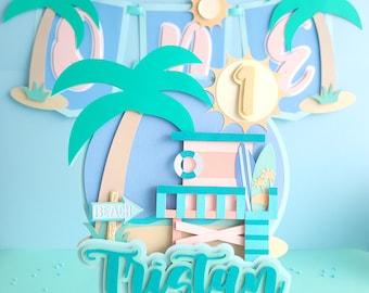 Surfing 1st Birthday Party Set: High Chair Banner & Cake Topper