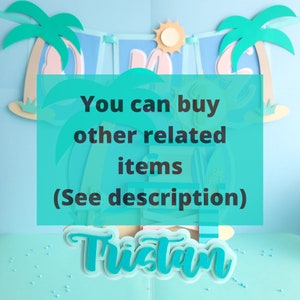 May include: A turquoise blue and white papercraft cake topper with the name "Tristan" in a stylized font. The topper features palm trees, a sun, and the text "You can buy other related items (See description)".