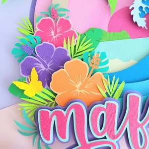 May include: Paper craft with a tropical theme. The image features a pink, purple, and orange hibiscus flower, green leaves, and a yellow butterfly. The word "ma" is visible in the bottom right corner of the image.