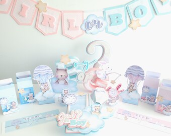 Girl or Boy Gender Reveal Party Decorations: Handmade Cake Topper, Banner & Favor Boxes