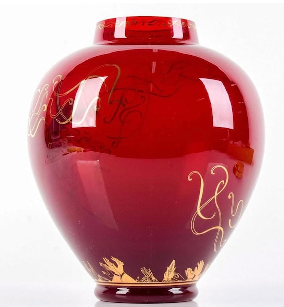 Original Vintage Franklin Mint Erte Ruby Glass Vase With 24k Gold