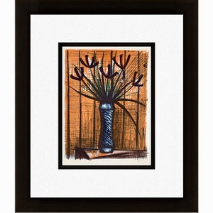 May include: A black and white lithograph print of a still life featuring a vase of purple flowers against a brown background.