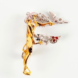 Original Vintage Erte Art Jewellery Sterling Silver Gold Plated Brooch Pendant with Swarovski Crystals ‘F’
