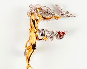 Original Vintage Erte Art Jewellery Sterling Silver Gold Plated Brooch Pendant with Swarovski Crystals ‘F’