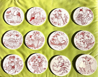 Original Vintage 1970s Bjørn Wiinblad Wall Plates Red and White September- December